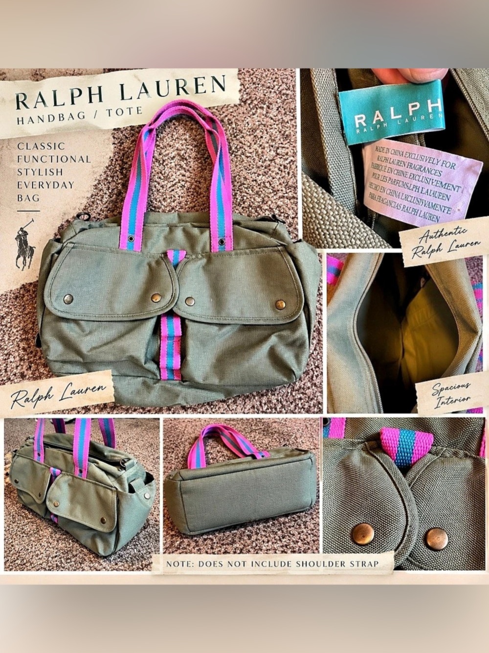Ralph Lauren Fragrances Promotional Canvas Tote Bag Green & Pink - missing shoul